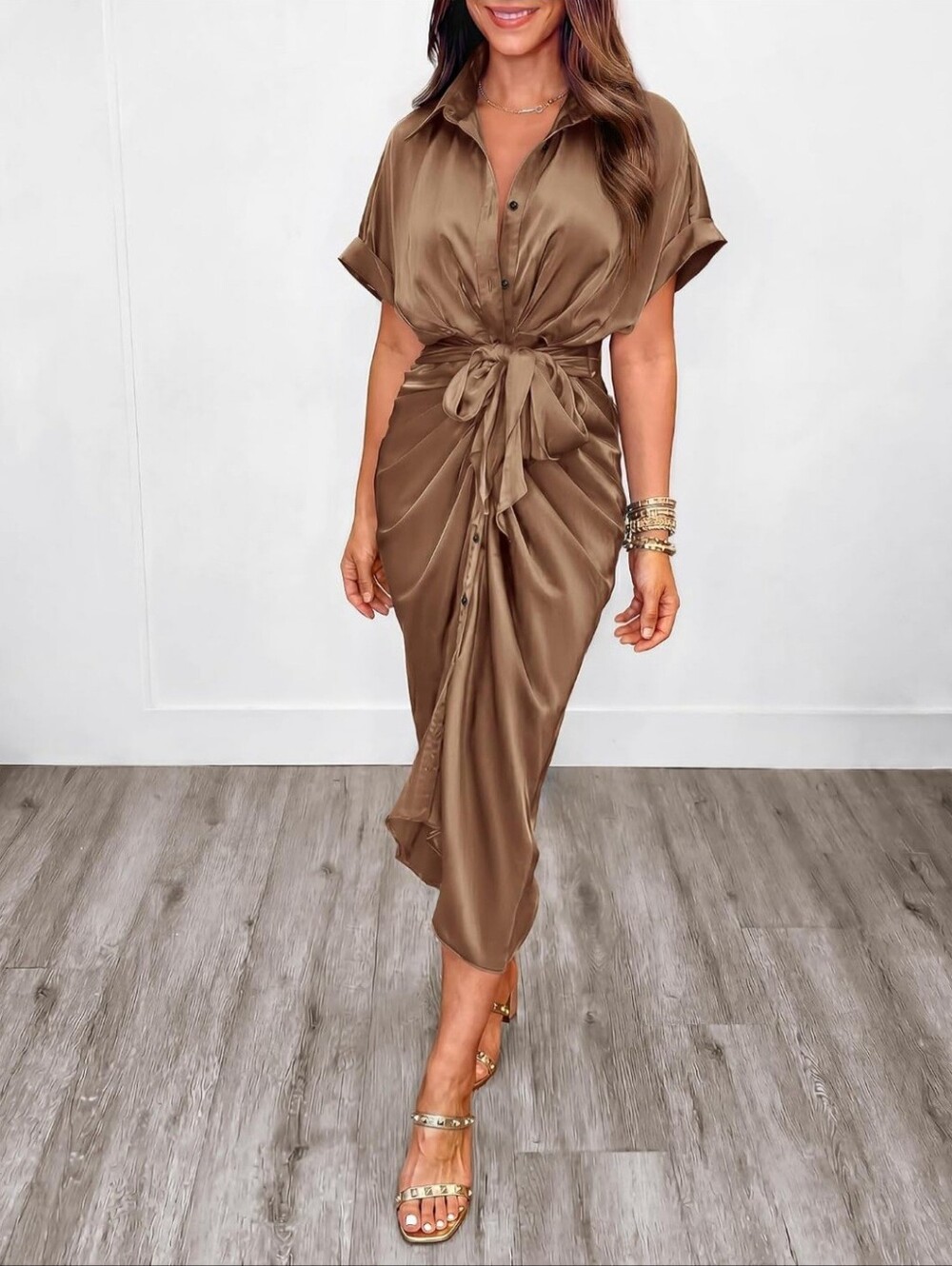 BTFBM Satin Short Sleeve Button Front Tie Waist Midi Dress Dark Khaki Sz L